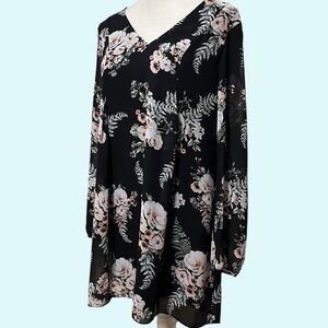 BCBG shift dress, black with pink florals, sz small